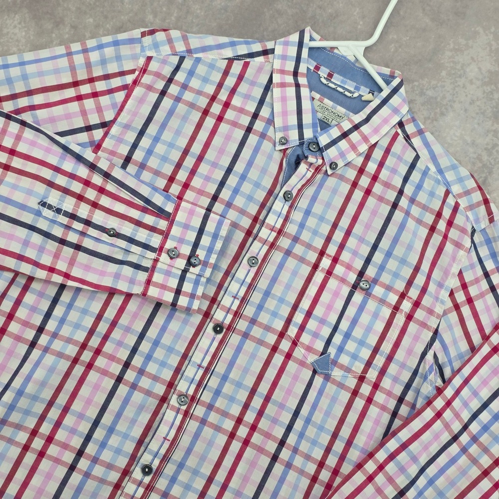 Mens 2XL Plaid Button Down Shirt Red Blue Long Sleeve Astronomy Los Angeles L/S